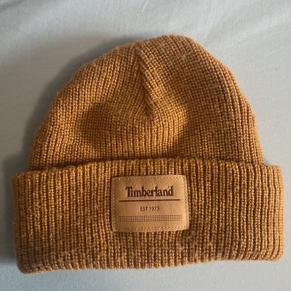 Timberland Tan Brown One Size Woven Knit Beanie Hat With Leather Patch Logo - Picture 6 of 7